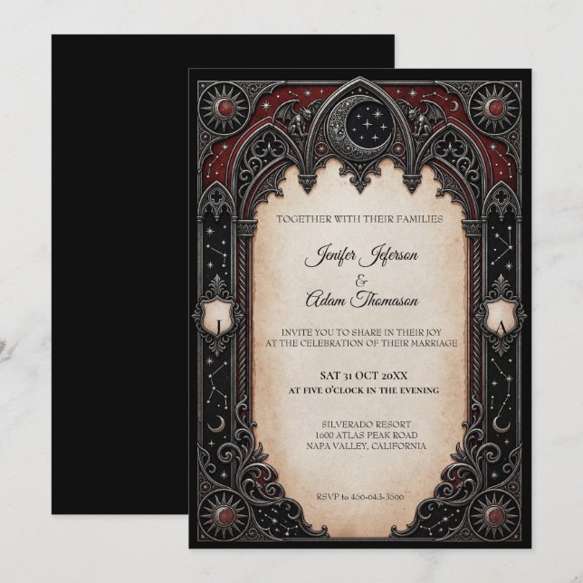 Invitation Carton de mariage gothique céleste rouge (Devant / Derrière)