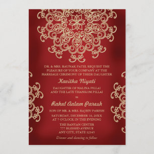 INVITATION CARTON DE MARIAGE INDIEN DE COULEUR ROUGE ET OR