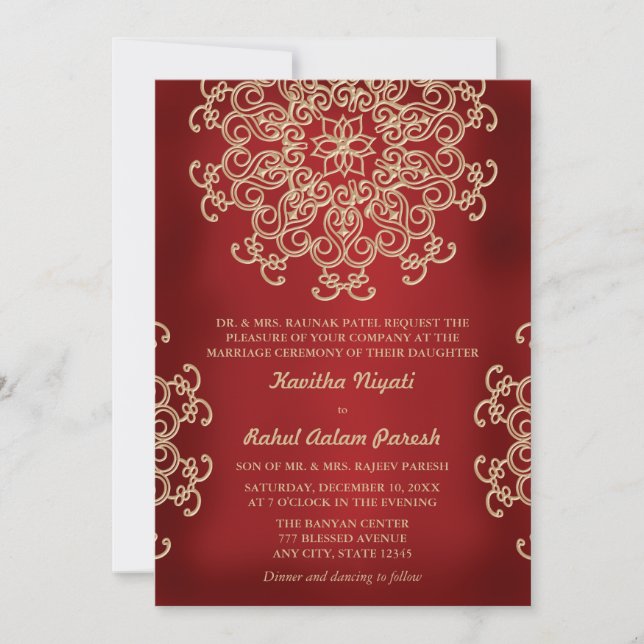 INVITATION CARTON DE MARIAGE INDIEN DE COULEUR ROUGE ET OR (Devant)