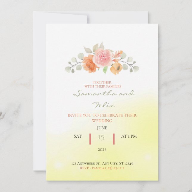 Invitation Carton de Mariage Jaune Abstrait avec des Roses (Devant)