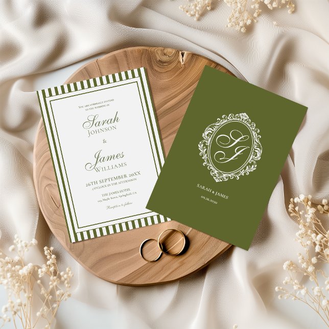 Invitation Carton de mariage Monogramme Vert Olive Old Money (Créateur téléchargé)