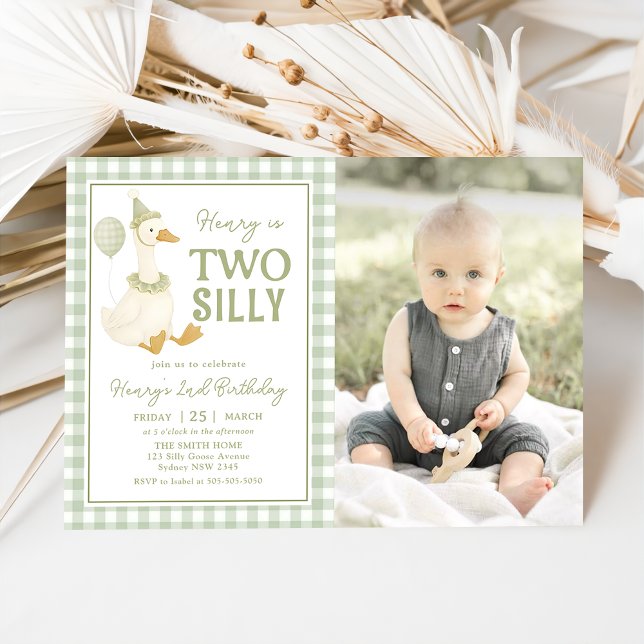 Invitation Carton de naissance Deux Oie Sotte Gingham Vert (Créateur téléchargé)
