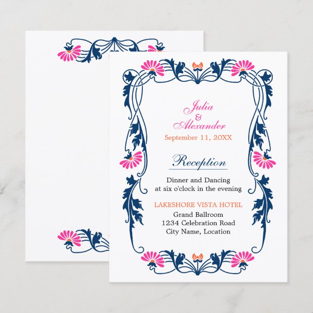 Invitation Carton de réception Fleurs et volutes de feuilles  (Devant / Derrière)