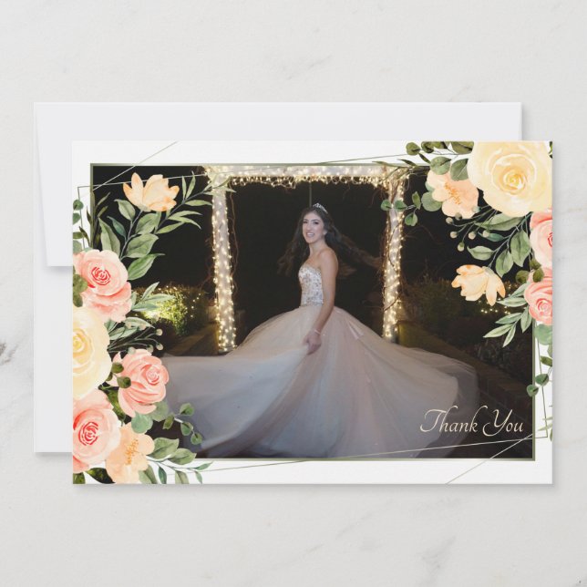 Invitation Carton de Remerciement Photo avec Cadre Roses Jaun (Devant)