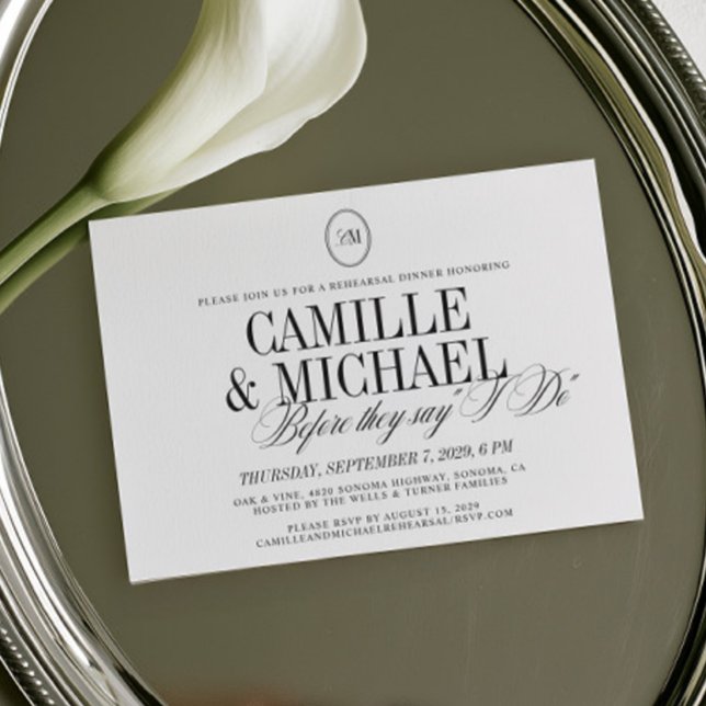 Invitation Carton de Répétition de Mariage Calligraphie Éléga (Before They Say I Do Monogram Rehearsal Dinner Invitation)