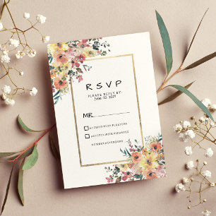 Invitation Carton de réponse aquarelle rose orange or floral