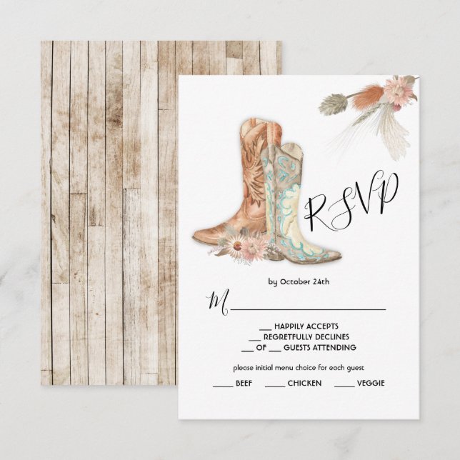 Invitation Carton de réponse avec bottes de cowboy et motif f (Devant / Derrière)