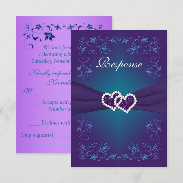 Invitation Carton de réponse de mariage à coeurs floraux viol (Devant / Derrière)