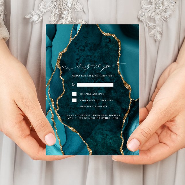 Invitation Carton de réponse de mariage en agate sarcelle, ma (Créateur téléchargé)