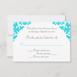 Invitation Carton de réponse en damassé turquoise, noir et bl