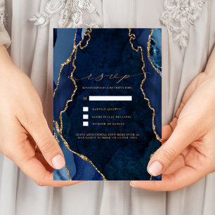 Invitation Carton de réponse pour mariage en marbre Navy & Ag