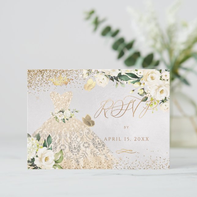 Invitation Carton de réponse Quinceanera robe à paillettes or (Debout devant)