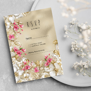 Invitation Carton de réponse romantique rose luxe or blanc fl