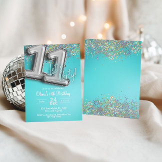 Invitation Carton d'invitation 11ème pailleté bleu sarcelle