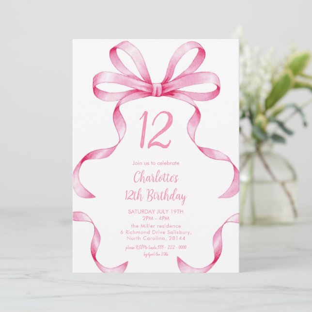 Invitation Carton d'invitation 12ème anniversaire Ruban Rose  (Debout devant)