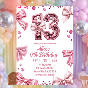 Invitation Carton d'invitation 13 ans fille rose à paillettes