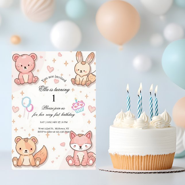Invitation Carton d'invitation 1er anniversaire Kawaii Bébé A (Créateur téléchargé)