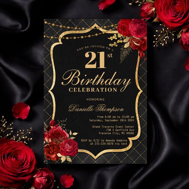 Invitation Carton d'invitation 21 ans Noir, Rouge & Or (Black, Red & Gold 21st Birthday Invitation with Roses)