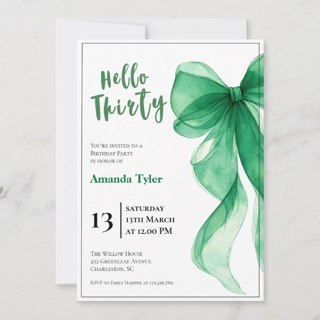 Invitation Carton d'invitation 30 ans avec un ruban vert émer (Devant)