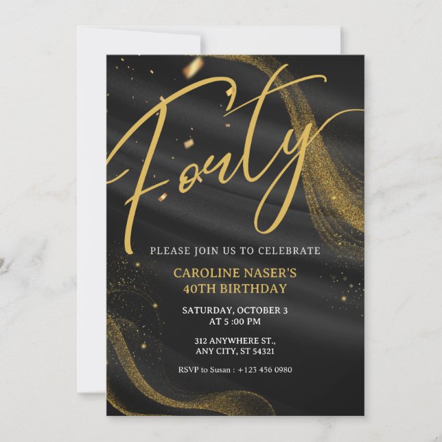 Invitation Carton d'invitation 40 ans pailleté Noir & Or   (Devant)
