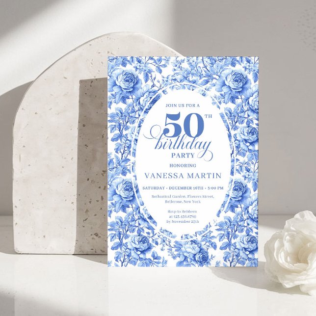 Invitation Carton d'invitation 50 ans anniversaire Toile Rose (Elegant Blue Toile Rose 50th Birthday Invitation)