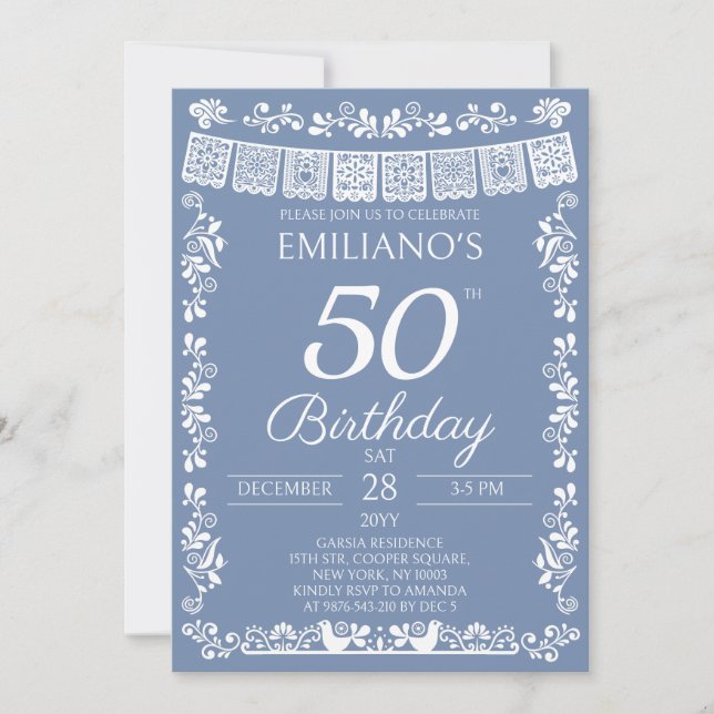 Invitation Carton d'invitation 50 ans Dusty Blue Fiesta mexic (Devant)