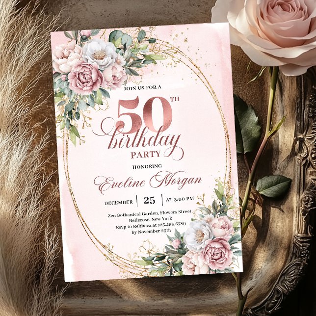 Invitation Carton d'invitation 50 ans Fleurs Or Rose Premium (Premium Rose Gold Floral 50th Birthday Invitation)