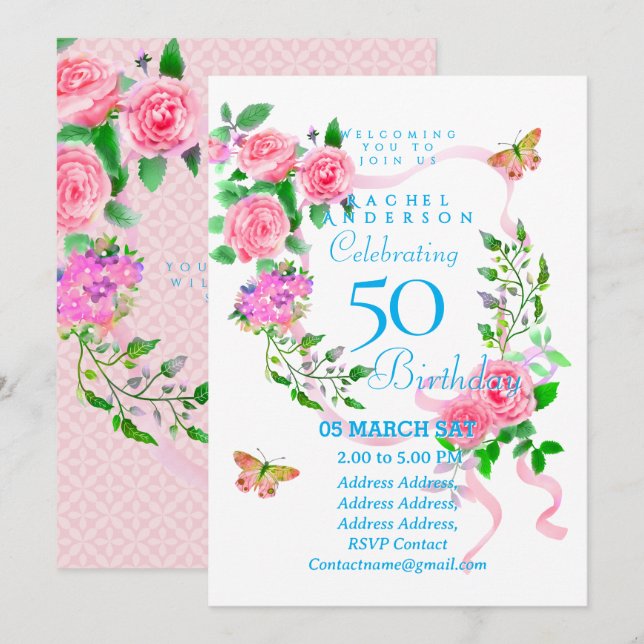 Invitation Carton d'invitation 50 ans Ruban Rose Rose (Devant / Derrière)