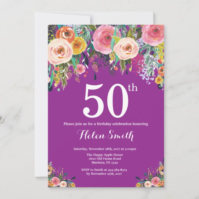 Invitation Carton d'invitation 50e anniversaire floral violet (Devant)