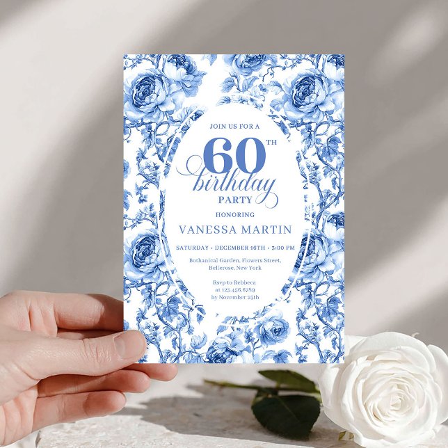 Invitation Carton d'invitation 60 ans Chic Fleurs de Toile Bl (Chic Blue Toile Roses 60th Birthday Invitation Download

)