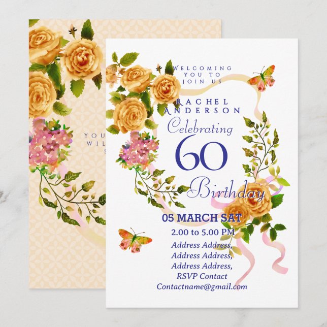 Invitation Carton d'invitation 60 ans Ruban Rose Doré (Devant / Derrière)