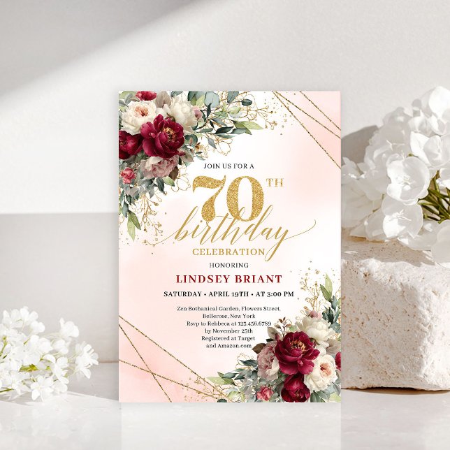 Invitation Carton d'invitation 70 ans Floral Boho Bourgogne S (Sophisticated Burgundy Floral Boho 70th Invitation)