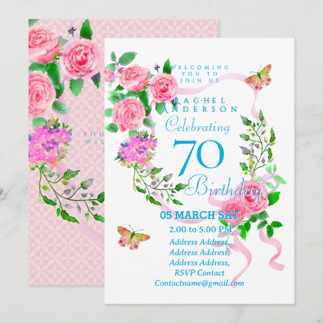 Invitation Carton d'invitation 70 ans Ruban de Rose Rose (Devant / Derrière)
