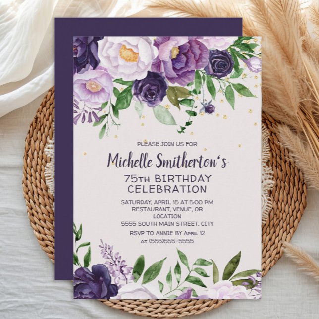 Invitation Carton d'invitation 75 ans avec paillettes florale (Purple floral women's 75th birthday party banner)