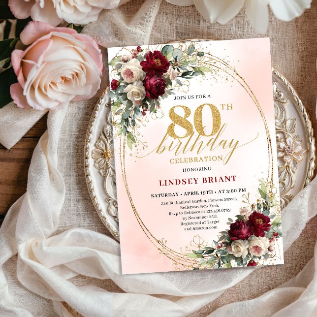 Invitation Carton d'invitation 80 ans Boho Cadre Or Elégant (Elegant Gold Frame Boho 80th Birthday Invitation)