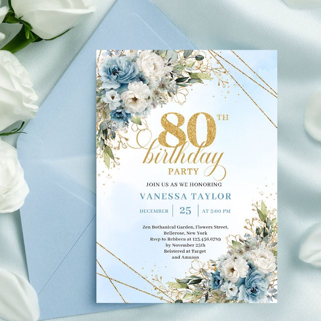 Invitation Carton d'invitation 80 ans Fleurs de Bleu Poussiér (Refined Dusty Blue Floral Gold 80th Birthday Invite Set

)