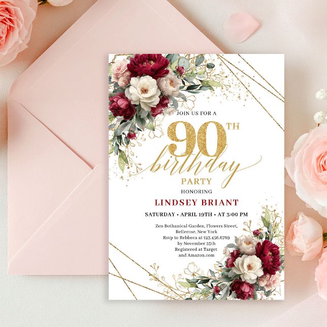 Invitation Carton d'invitation 90 ans Chic Deep Red Gold Rose (Chic Deep Red Gold Roses 90th Birthday Invitation Card

)