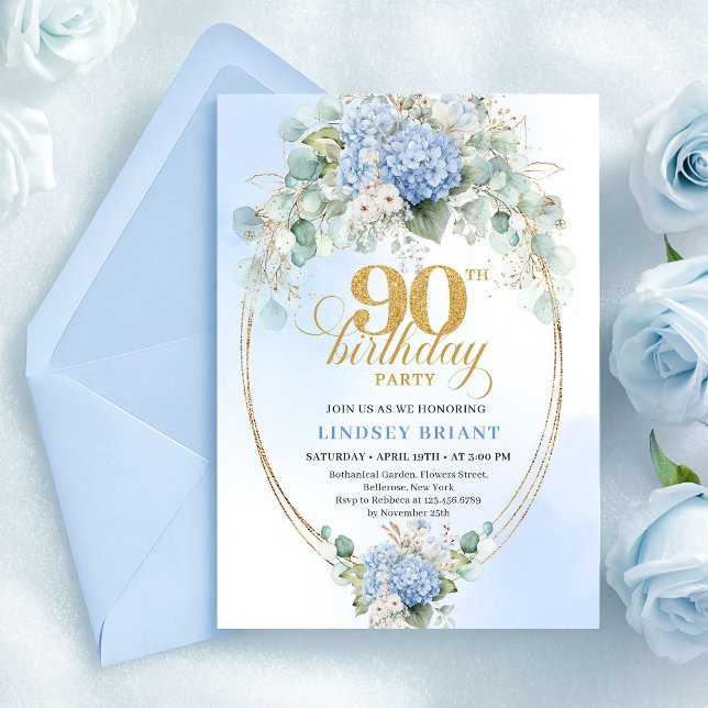 Invitation Carton d'invitation 90 ans Fleur Bleue Classique D (Classic Soft Blue Floral 90th Birthday Invitation)