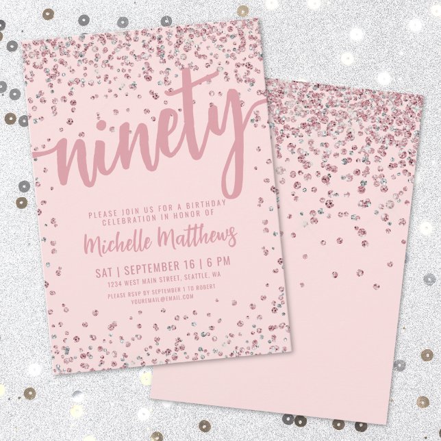 Invitation Carton d'invitation 90 ans Rose poudré (Blush Pink 90th Birthday Invitation )