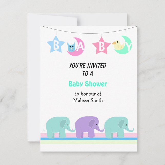 Invitation Carton d'invitation à la baby shower Éléphants Lun (Devant)