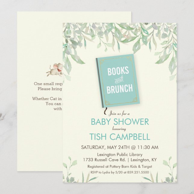 Invitation Carton d'invitation à la Baby Shower Livres et Bru (Devant / Derrière)