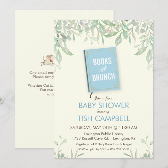 Invitation Carton d'invitation à la Baby Shower Livres et Bru (Devant / Derrière)