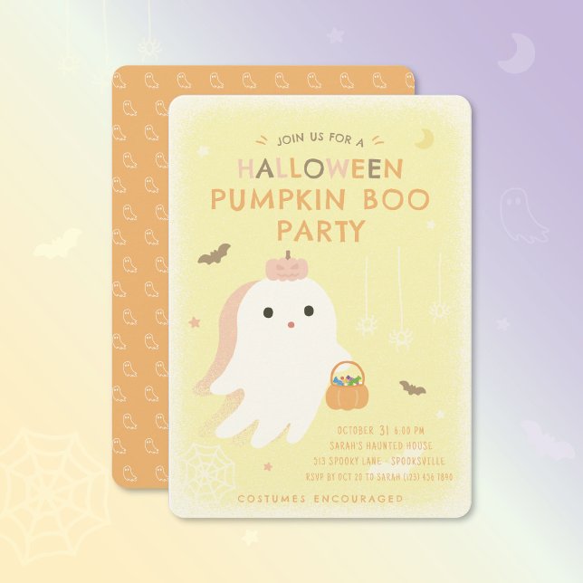Invitation Carton d'invitation à la fête de Halloween Pumpkin (Cute ghost design, perfect for a kid-friendly Halloween bash! Customize the text easily.)
