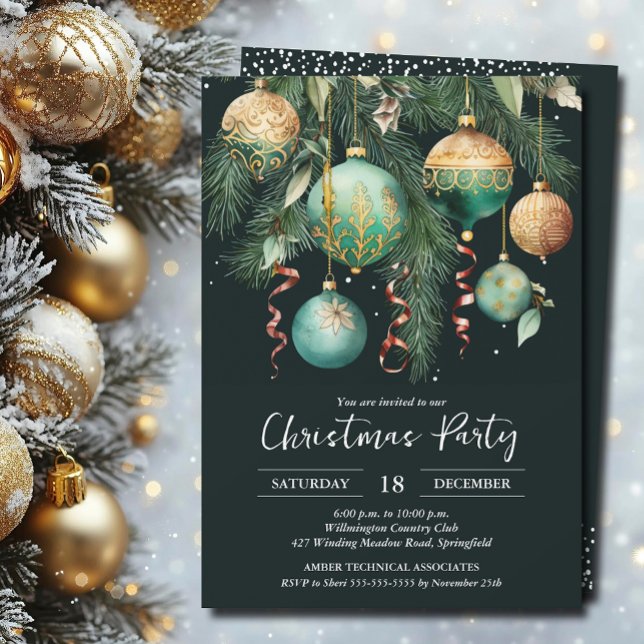 Invitation Carton d'invitation à la fête de Noël Boules dorée (Gold and green Christmas tree ornaments party invitations PRINTED and/or INSTANT DOWNLOAD)