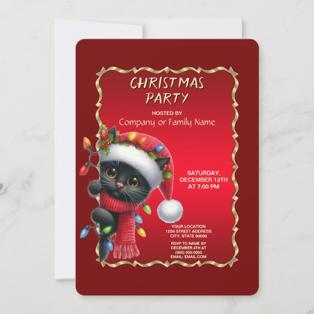 Invitation Carton d'invitation à la fête de Noël Chat Noir (Devant)