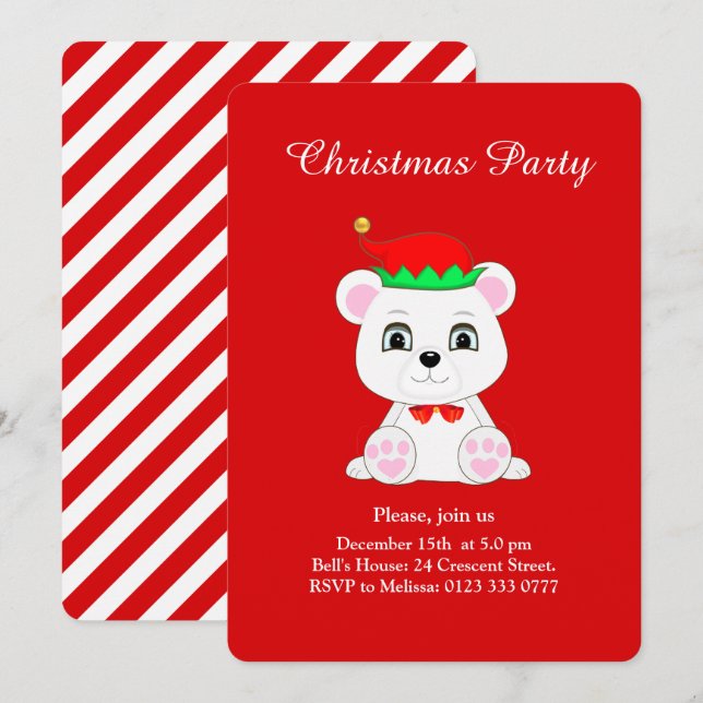 Invitation Carton d'invitation à la fête de Noël ours polaire (Devant / Derrière)
