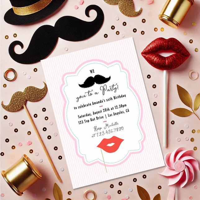 Invitation Carton d'invitation à la fête rétro rose originale (Quirky Pink Retro Mustache Party Invitation)