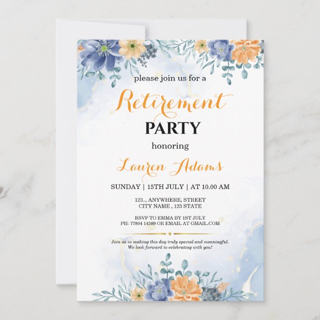 Invitation Carton d'invitation à la retraite Fleurs Bleues et (Devant)