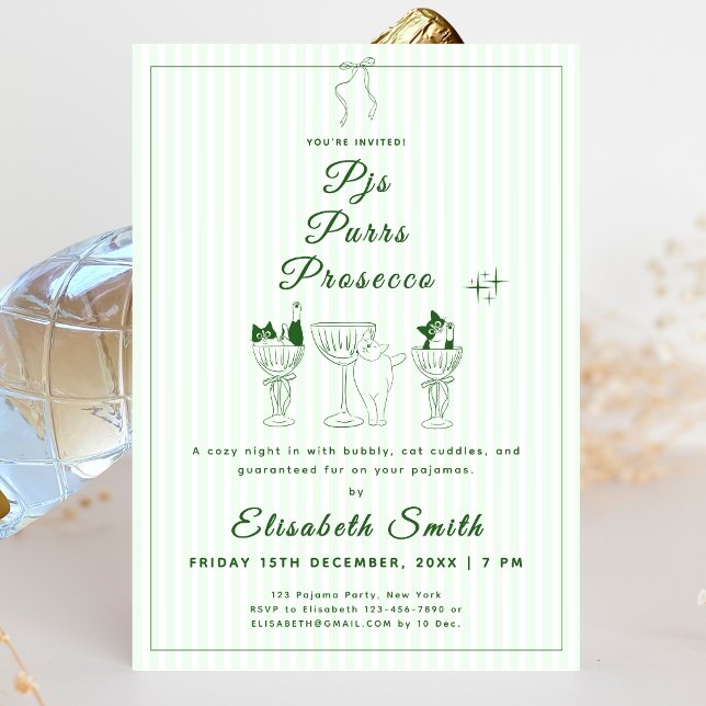 Invitation Carton d'invitation à la soirée Pyjama, ronrons &  (PJs, Purrs & Prosecco Cat Pajama Party Invitation)