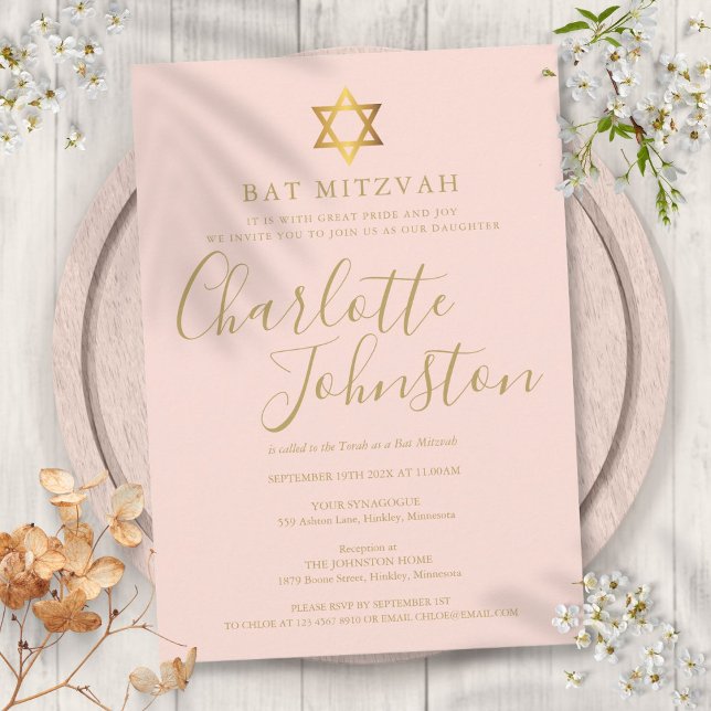 Invitation Carton d'invitation à l'écriture dorée rose pour B (Bat Mitzvah Blush Pink Gold Script Invitation)